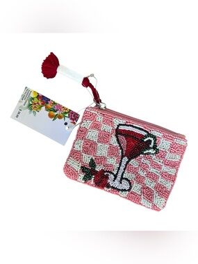 Pink Beaded Cocktail Glass Wristlet Clutch